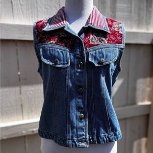 Blue Denim Vest with Red Patterned collar & a‎ western touch
